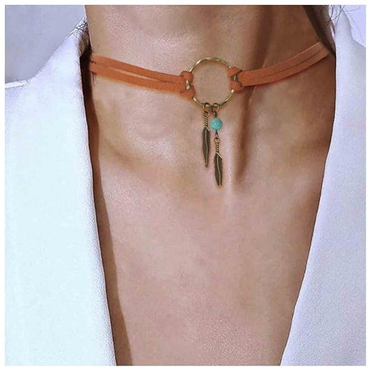 Boho Layered Suede Choker Necklace Tiny Leaf Pendant Necklace Chain Brown O Ring Leather Choker Necklace Turquoise Bead Necklace Chain Jewelry for Women and Girls