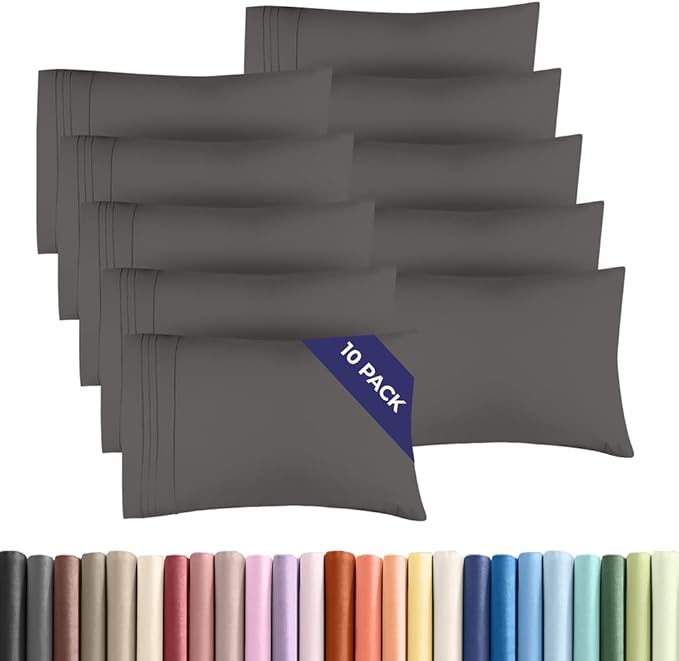 Queen Pillow Cases Set of 10 - Ultra Soft Hotel Quality Pillowcase Covers - Comfy, Cozy & Wrinkle Free - Shrink, Stain and Fade Resistant - Machine Washable Pillow Protectors - 10 Pcs Set - Dark Grey