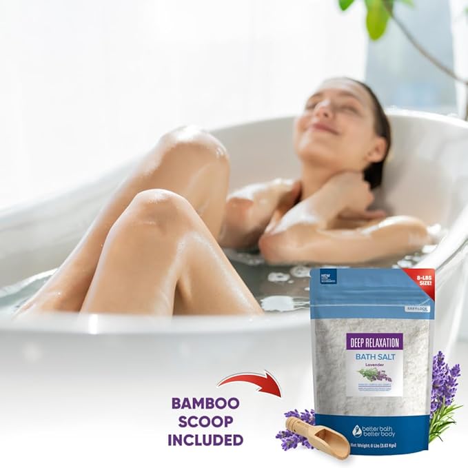 Deep Relaxation Bath Salt 128 Ounces Epsom Salt with Natural Lavender Essential Oil Plus Vitamin C in BPA Free Pouch