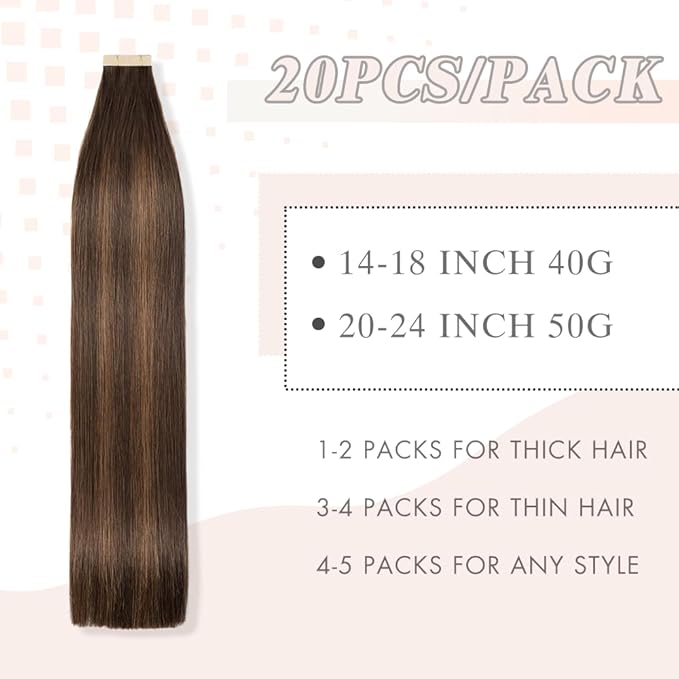 Tape in Hair Extensions Human Hair Balayage Dark Brown Mixed Chestnut Brown Remy Hair Extensions 20pcs 14 Inch Human Hair Tape in Extensions Skin Weft Tape Extensions Human Hair (2/2/6#,14 Inch)