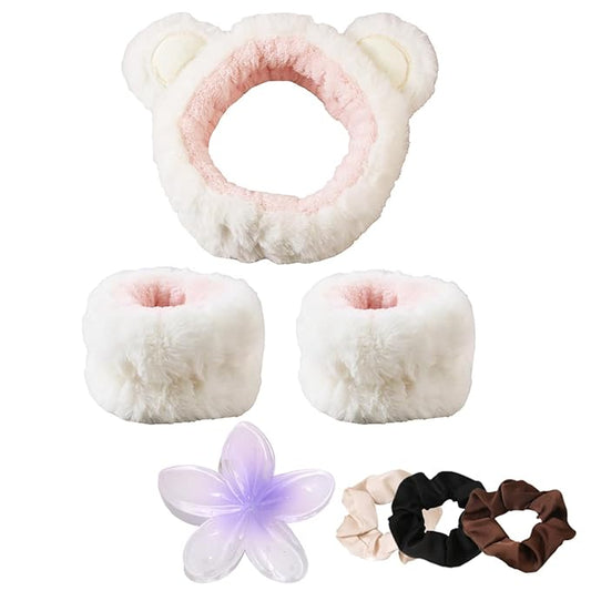 7pcs/Set Hairdressing Accessories Kit, Lovely Bear Decor Head Band, Elastic Fluffy Water Absorbent Head Hoops, Flower Shaped Hair Claw Clips, Ponytail Holders Hair Ties (White)