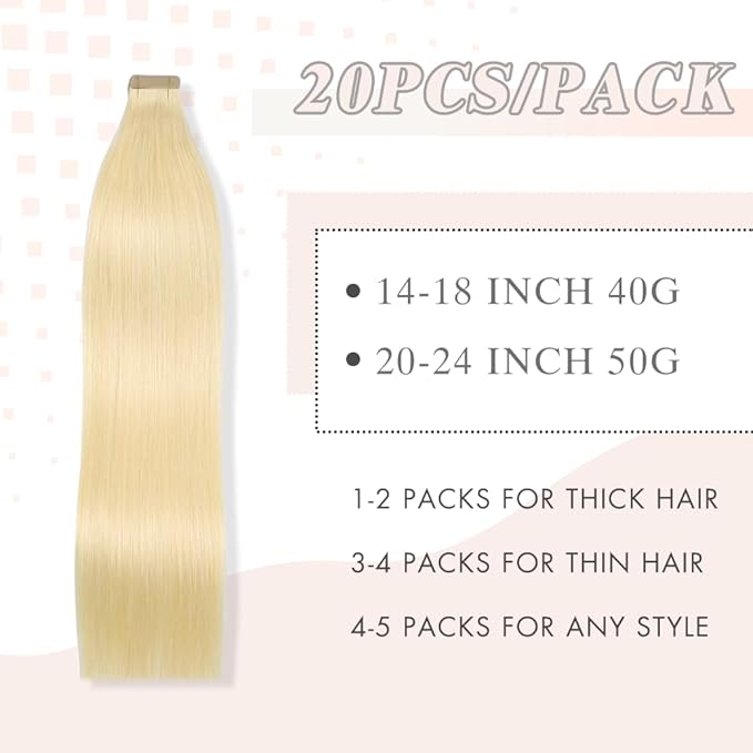 Tape in Hair Extensions Real Human Hair Platinum Blonde 20pcs Seamless Invisible Straight Hair Extensions (60#,18 Inch)