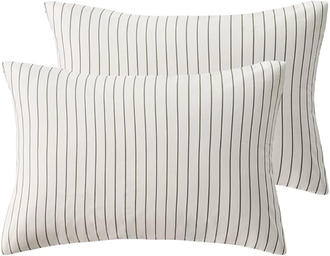JELLYMONI 100% Natural Cotton Striped Standard Pillowcases Set, 2 Pack White with Thin Gray Vertical Stripes Pattern Printed Pillow Covers with Envelope Closure (Pillows are not Included)