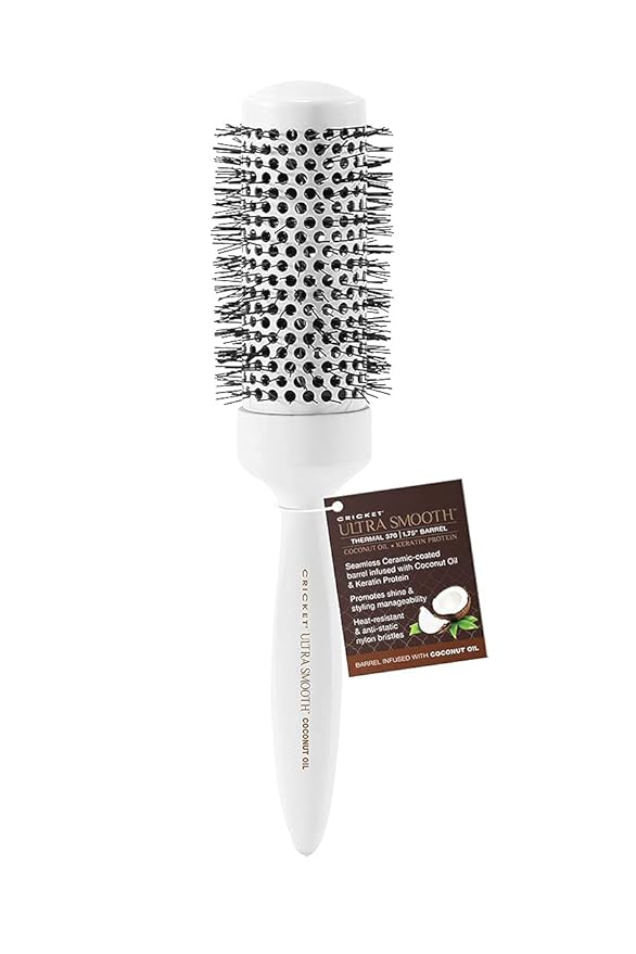 Cricket Ultra Smooth Coconut Thermal Hair Brush – 1.75” Ceramic Barrel, Coconut Oil and Keratin-Infused, Anti-Static Heat-Resistant Bristles, Textured Handle for Styling All Hair Types