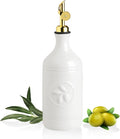 Sweejar 16 Oz Ceramic Olive Oil Dispenser Bottle, Oil Dispenser for Kitchen with Gravity Spout, Relief Opaque Oil Container for Evoo, Avocado Oil, Vinegar, Soy Sauce, 1 Pack(White, Gold Spout)