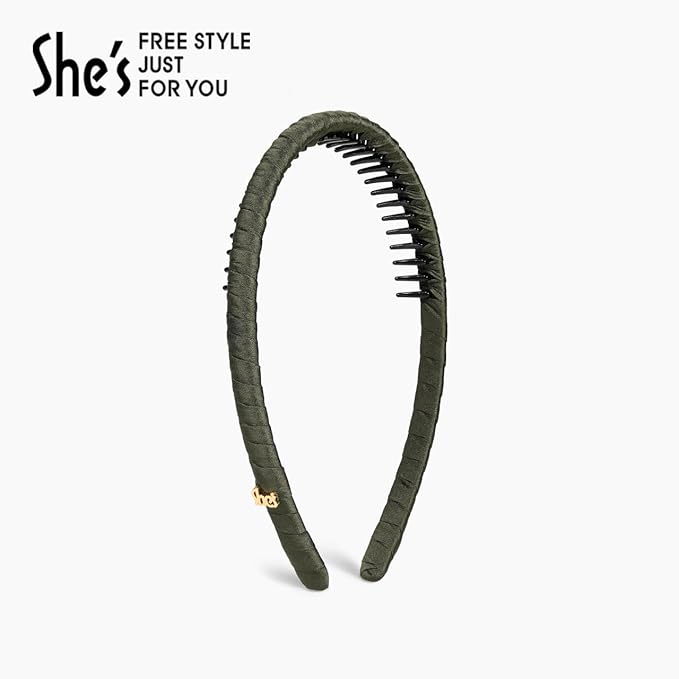 SHE'S FREE STYLE JUST FOR YOU Upgraded Classic Thin Headbands for Women, Non-Slip Polyester & Plastic Hair Bands with Teeth for Strong Hold Grip, Durable Hair Accessories (Green-D0, Upgrade)