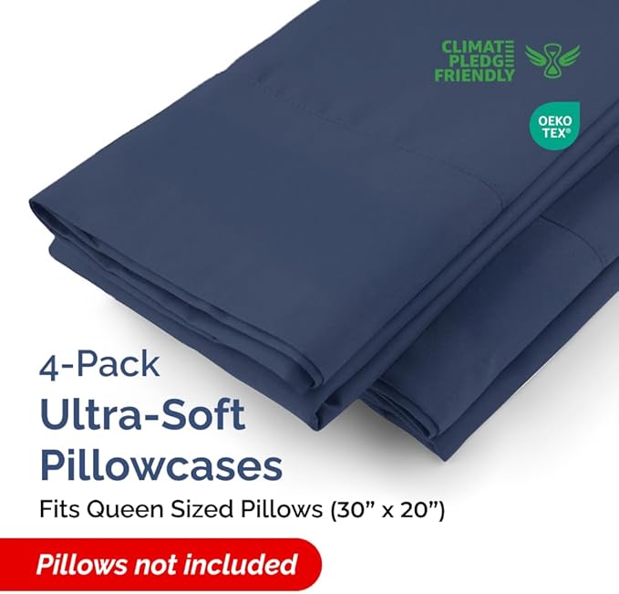 Queen Pillow Cases - 4 Pack - Super Soft Pillowcase Covers - Envelope Enclosure - Hotel Quality Pillow Protectors - Wrinkle Free, Shrink & Stain Resistant - Machine Washable - 20" x 30" (Navy Blue)