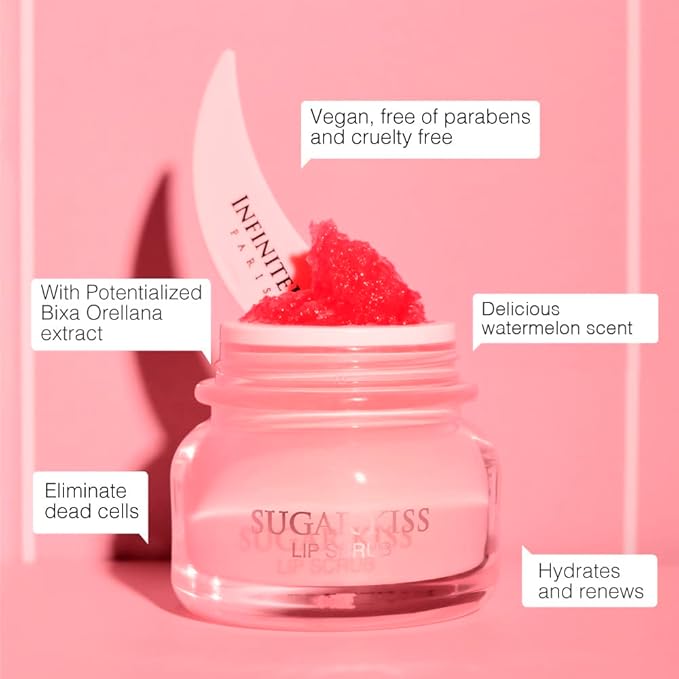Infinitek Paris Sugar Kiss Watermelon Flavored Lip Scrub 2.4 oz / 68 g - Hydrating Lip Balm, Scrubber Exfoliator, Lip Mask, Lip Repair Treatment & Lightening Exfoliator for Dark Lips