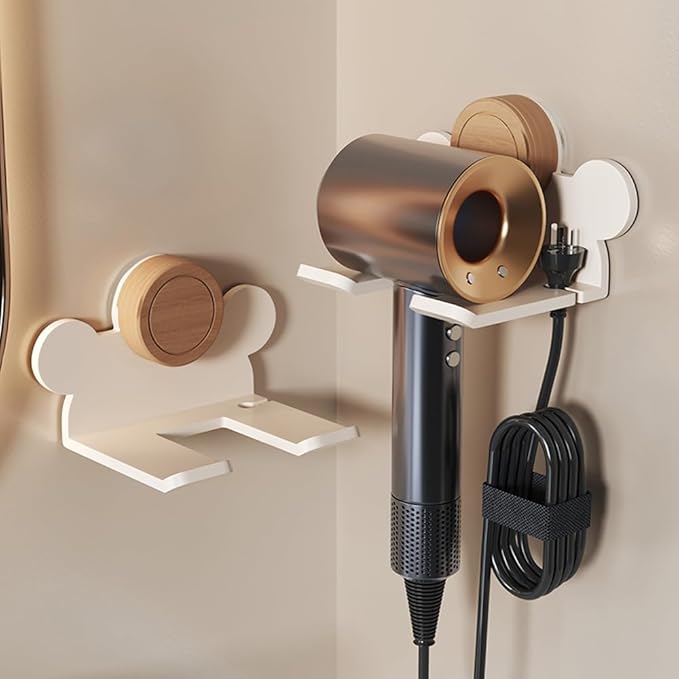 Upgraded Drill-Free Hair Dryer Holder With Hair Tie Organizer- Heavy Duty Double-Stick Tape Wall Mount Organizer for Bathroom, No Drill, Sturdy Carbon Steel Construction, Rust-Resistant (White)