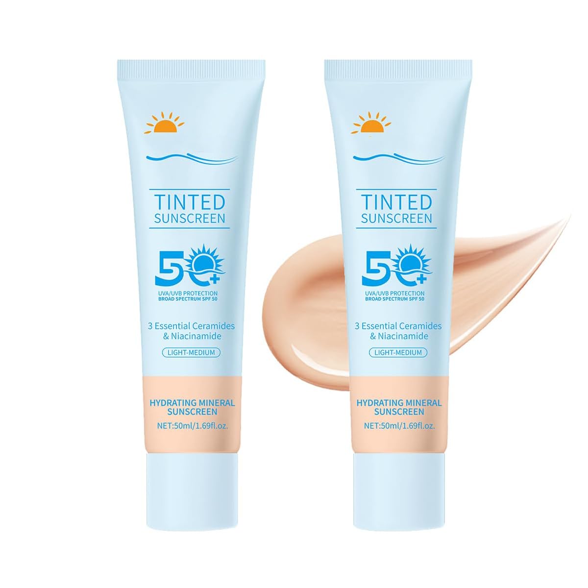 Tinted Sunscreen for Face SPF 50, 2 PCS Defense SPF 50 Face Sunscreen Lotion with Hyaluronic Acid, Sun Essence Faces Sunscreens, Hydrating, Moisturizing, UV Defense, Travel Size (Medium Color)
