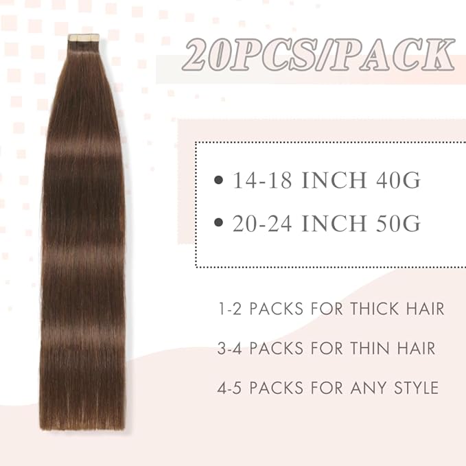 Tape in Hair Extensions 20pcs Remy Hair Extensions 22 Inch Darkest Brown Straight Invisible Human Hair Tape for Skin Weft Tape Seamless Human Hair (4#,22 Inch)