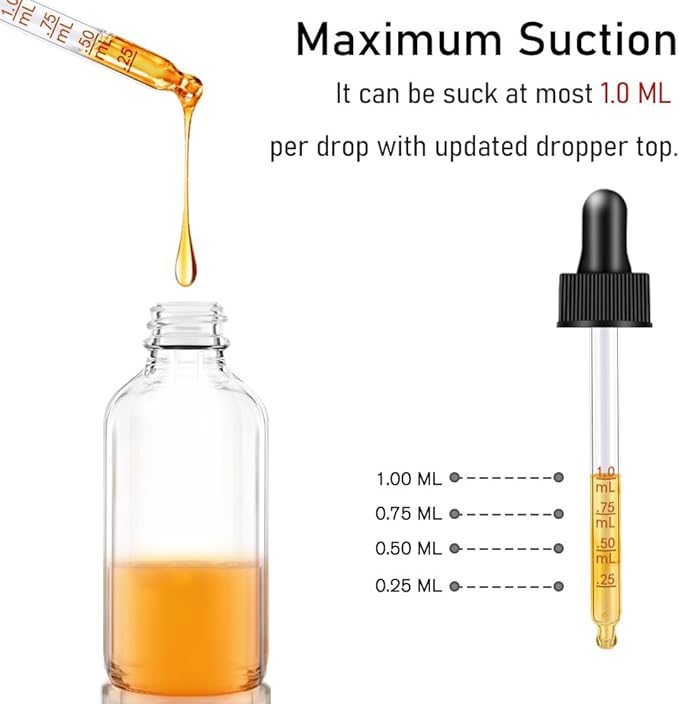 Bumobum 2 pack Dropper Bottle 2 oz, Clear Glass Eye Dropper Bottles for Essential Oils with Labels and Funnel, Leakproof Tincture Bottles with Measured dropper