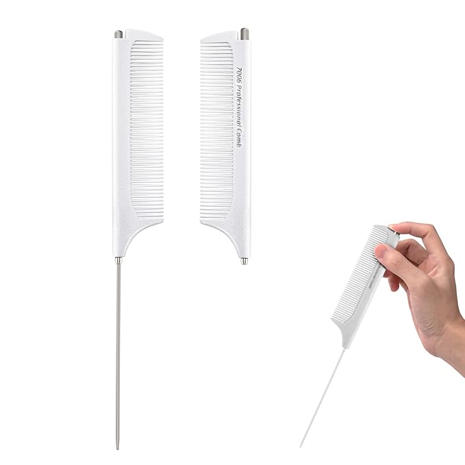 Rat Tail Combs for Parting, Protable Retractable Rat Tail Comb, Parting Combs for Hair Stylist, Fine Tooth Teasing Comb Stainless Steel Pin Tail, Easy to Carry (1 Pack-White)