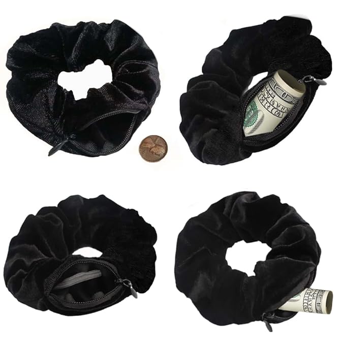 Zipper Scrunchie,Velvet Scrunchie with Zipper Pocket for Women - Hair Tie with Hidden Storage Compartment for Cash, Lipstick, Keys & Valuables | Hidden Compartment Items for Travel (Black, 6PCS)