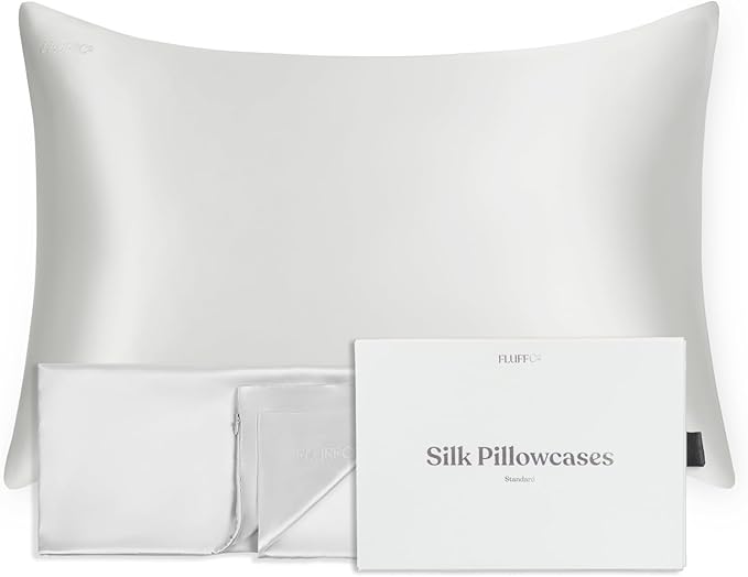 FluffCo 100% Pure Mulberry Silk Pillowcase - Queen Size | Luxurious Cooling Pillowcase for Hair & Skin Care | 22 Momme Natural Silk Body Pillowcase for Standard US Bedding (Silver)