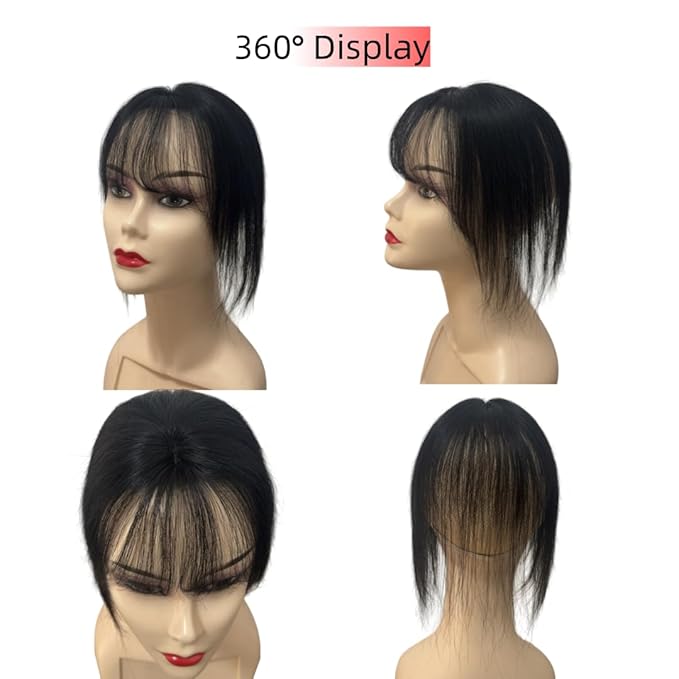 Anemone 100% Real Human Hair Topper No Need Clips Magic Paste Hair Seams 7x10cm Skin Base Fringe Bangs Easy to Wear (1B French Bangs)