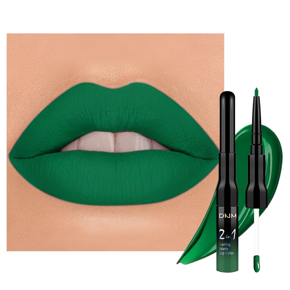 evpct 1Pcs Forest Green Matte Lip Liner & Liquid Lipstick Stain Makeup Set for Women, Green Lip Liner Stain Long Lasting Waterproof Smudge Proof, Cruelty Free Lip Stick Makeup 24 hours originales, 48