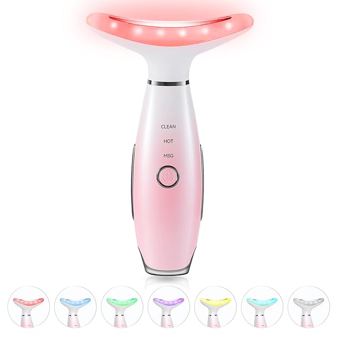 7 Color Neck Face Massager - Facial Massager Tool for Skin Care at Home, Vibrating Face Massager with Thermals, Pink
