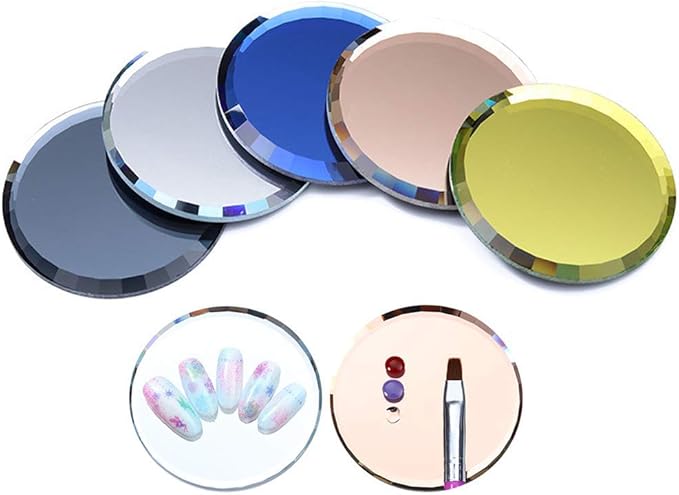 5Pcs Mirror Empty Nail Art Palettes Plate Round Glass Manicure Palette Nail Art Display Tray Board Holder Gel Polish Drawing Color Mixing Palette for Women Beauty Tool, Assorted Color