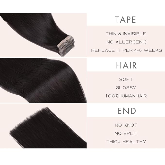 Tape in Hair Extensions Real Human Hair 24 Inch Natural Black Double Sided Tape for Skin Weft Hair Extension Invisible Tape in Hair Extensions Straight Remy Human Hair for Women 20pcs(1B#,24 Inch)