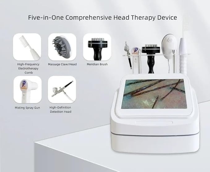 Professional Multifunctional Scalp Care Machine with High-Frequency Comb, Nano Mist Spray, HD Scalp Detector, Vibration Massage Brush & Microcurrent Massager for Salon and Home Use