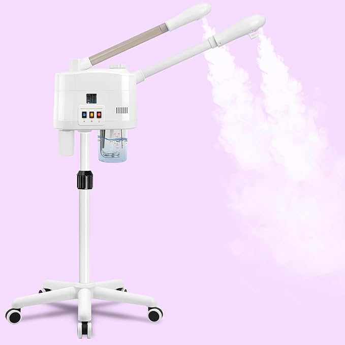 Professional Facial Steamer, 2 in 1 Facial Steamer on Wheels for Cold Mist & Hot Mist & Timer Function, Stand Face Steamer Adjustable Height for Spa, Salon and at Home use
