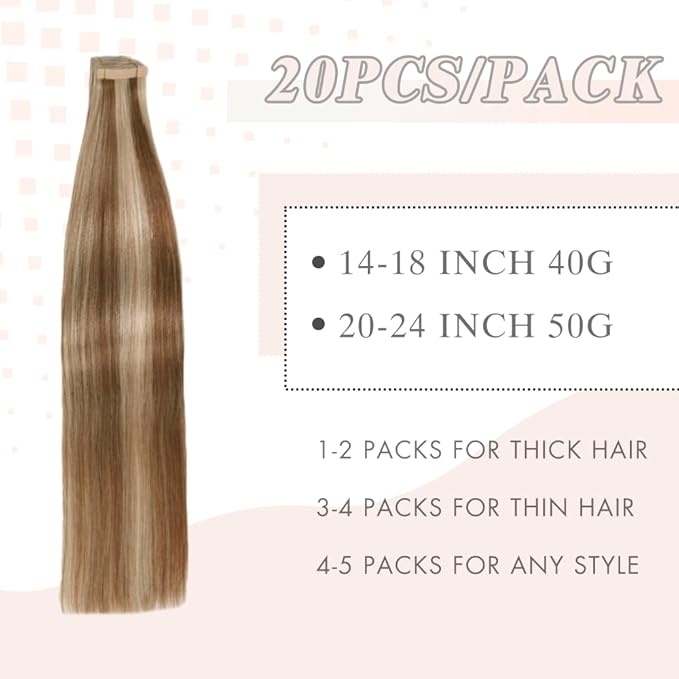 Tape in Human Hair Extensions 20Inch Double Sided Adhesive Tape in Chestnut Brown to Blonde Highlight Remy Hair 20pcs Seamless(P6/613#, 20 Inch)