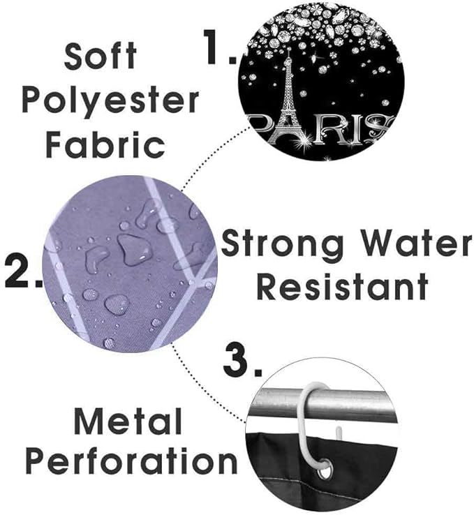 4PCS Eiffel Tower Shower Curtain Set, Luxury Jewelry Rhinestone Bling Diamond Paris Bathroom Decor, Waterproof Fabric Black Shower Curtain, Non-slip Bath Mat Toilet Lid Cover Bathroom Rugs