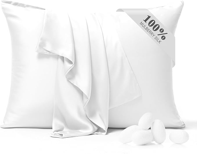 100% Pure Silk Pillowcase 2 Pack for Hair and Skin, Both Sides 23 Momme Grade 6A+ Mulberry Silk Pillowcases with Hidden Zipper, Soft&Smooth Cooling Pillow Cases (White, Queen 20x30)