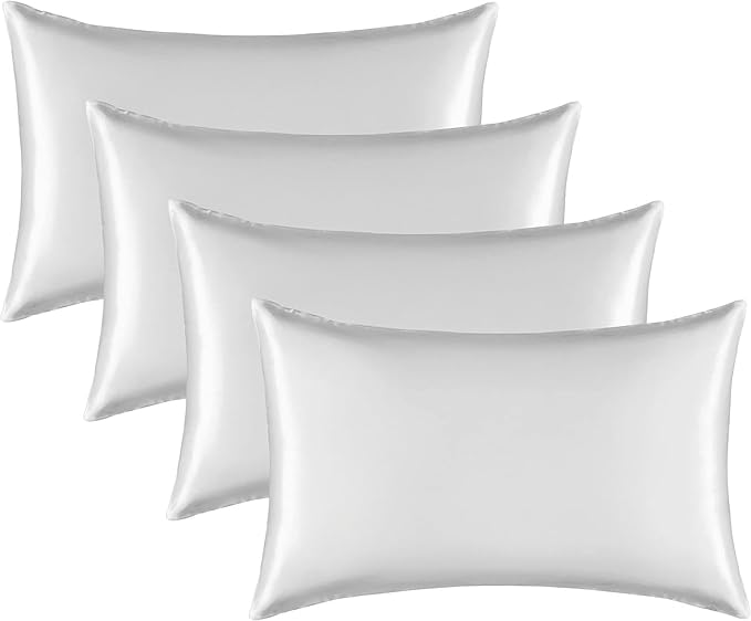 Satin Silk Pillowcase for Hair and Skin, Black Pillow Cases Standard Size Set of 4 Pack Super Soft Pillow Case with Zipper Closure (Ivory, Queen(4 Pack))