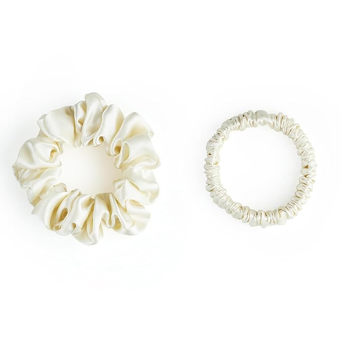 22 Momme 100% Mulberry Silk Scrunchies (2 Pack, Cream White), Well-Hold Elastic for No-Damage, 6A, Soft Hair Ties, Reduces Frizz & Breakage, OEKO-TEX Certified