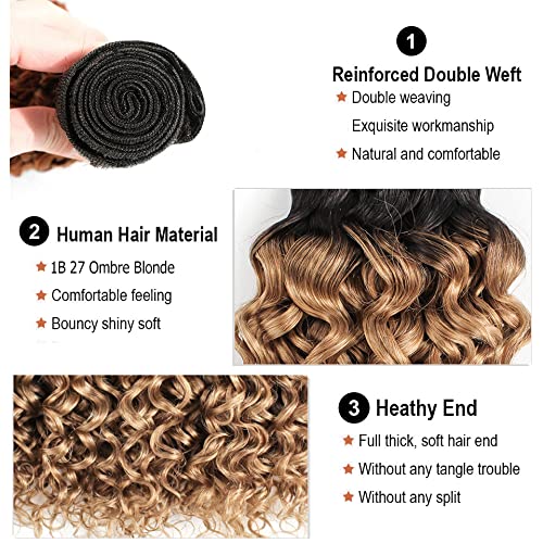 Ombre Bundles Human Hair Blonde Deep Wave Bundle Brazilian Virgin Remy Soft and Silky Hair 3 Bundles 12 14 16 Inch Double Weft 2 Tone Black and Honey Blonde Bundle Hair Weave 300g