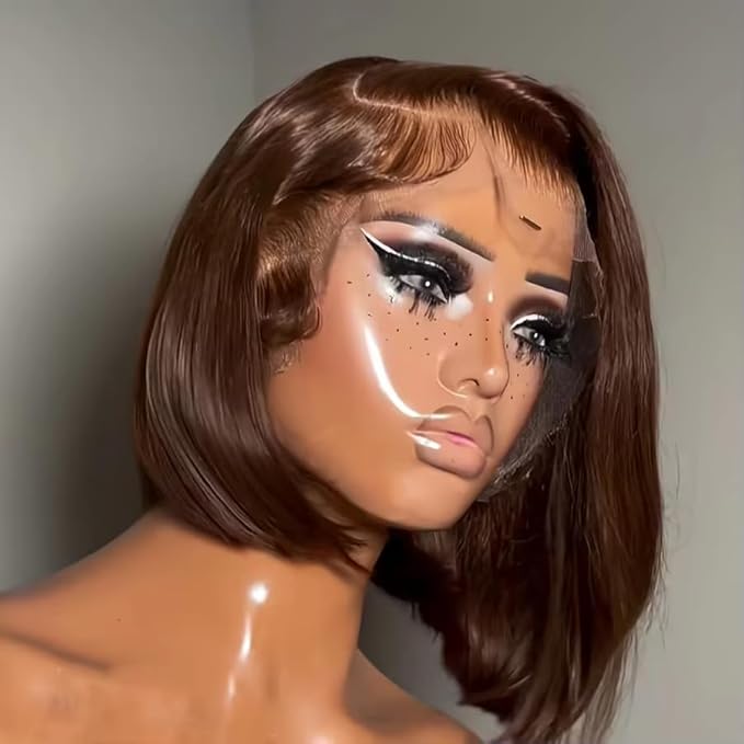 Short Bob Wig Human Hair Straight 4x4 HD Transparent Lace Front Wigs 100 Percent Real Human Hair Chocolate Brown Bob Wig for Women Pre Plucked 180% Density Brown Color 12 Inch