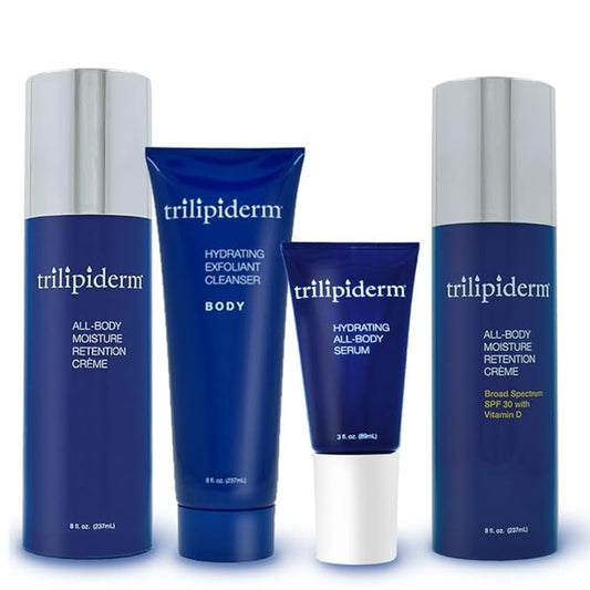 Trilipiderm Essential Body Regimen Bundle Set – 4 Simple Steps for this regimen - Start with Gentle Exfoliant Cleanser, Sun Care and Rejuvenating System that is powerful, natural and healthy hydration