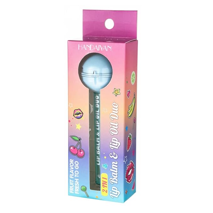 Tinted Lip Balm Lollipop Lip Gloss, Magic pH Color Changing Pink Lipstick & Vitamin E Clear Lip Oil Combo, Hydrating Plumping Lip Care Product for Girls (Green)