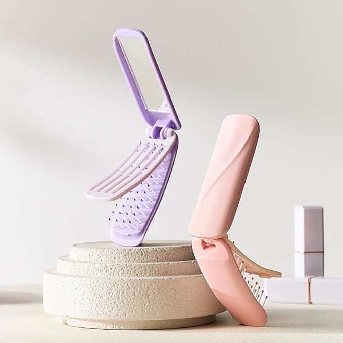 4 Pcs Foldable Travel Hair Brush, Compact and Lightweight with Mirror, Self-Cleaning Design, Mini Hair Detangle Comb with Soft Bristles, Small Pocket Brush for Purse