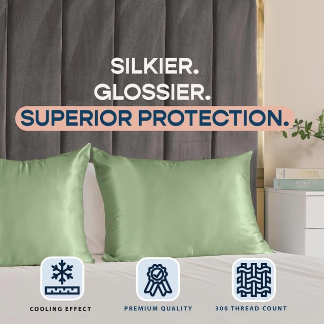 BLISSFORD Satin Pillowcase with Zipper, for Hair and Skin Care, Feels Soft and Cool Like a Silk Pillowcase, Satin Pillow Cases 2 Pack, Slik Pillow Cover, Sage Green - Standard Size - Set of 2
