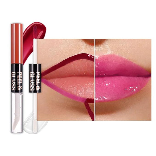 Lip Stain Peel Off Lip Gloss oil Dual-Ended Combo, Raspberry Peach Lips Liner Stain Peel Off Tattoo, Long Lasting & Waterproof, Transfer-Proof Lip Tint Stain with Lip oil for All Skin Type 03#
