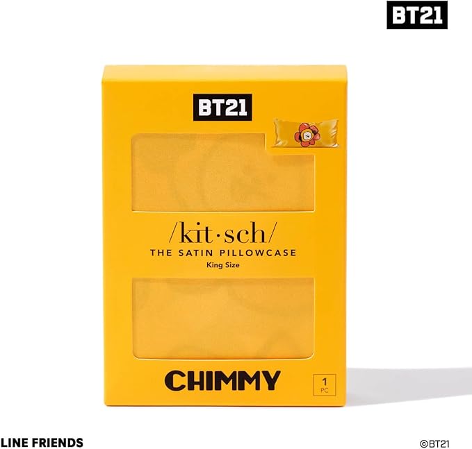 Kitsch x BT21 Satin Pillowcase with Zipper – Better Than Silk Pillowcase, Chimmy Character & Funky Floral Print – Soft Cooling Toddler Bed Time Pillow Case for Hair & Skin – King Size 19x36