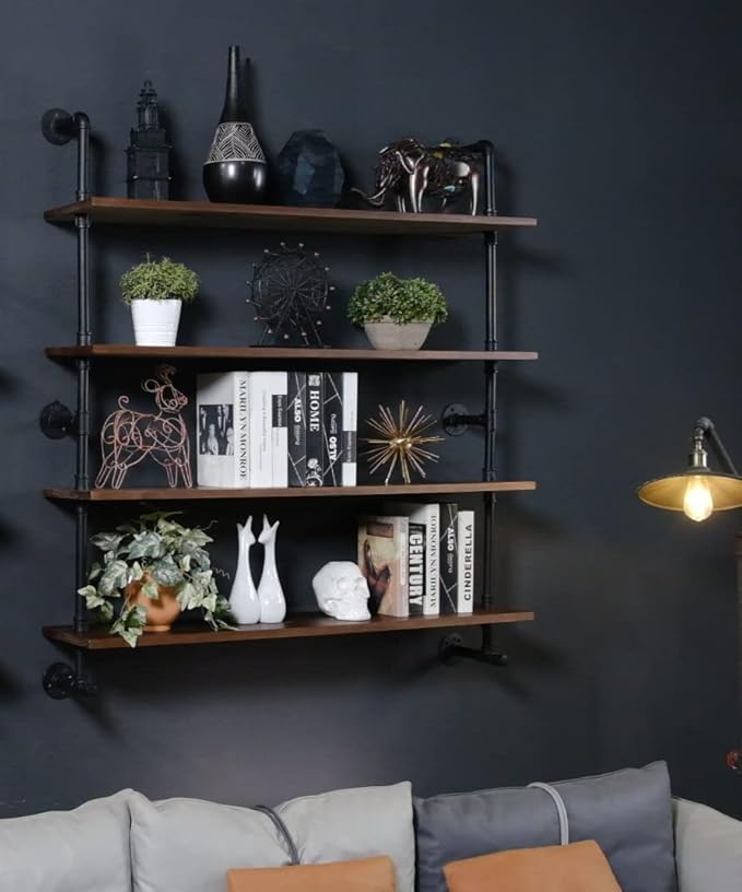 Industrial Pipe Wall Shelves With Real Wood Plank, 48 Inches Floating Shelves for Wall, 4 Tier Farmhouse Book Shelves, Dark Brown for Kitchen, Living Room Decor and Bar