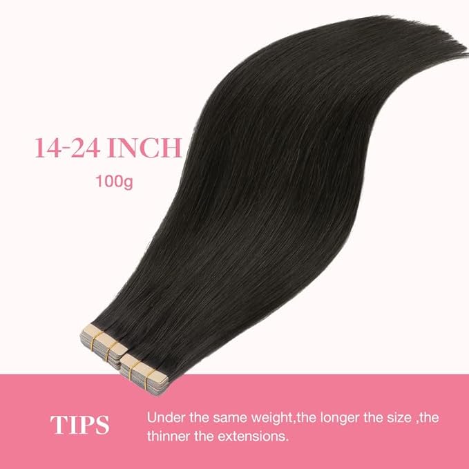 GOO GOO Tape in Hair Extensions Human Hair, 1B Natural black, 14inch 100g 40pcs, Skin Weft Seamless Invisible, Silky Straight with Thick Ends, Remy Human Hair