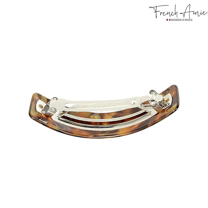 French Amie Curved Amber Brown Large Handmade Strong Grip Celluloid Automatic Hair Clip Barrette