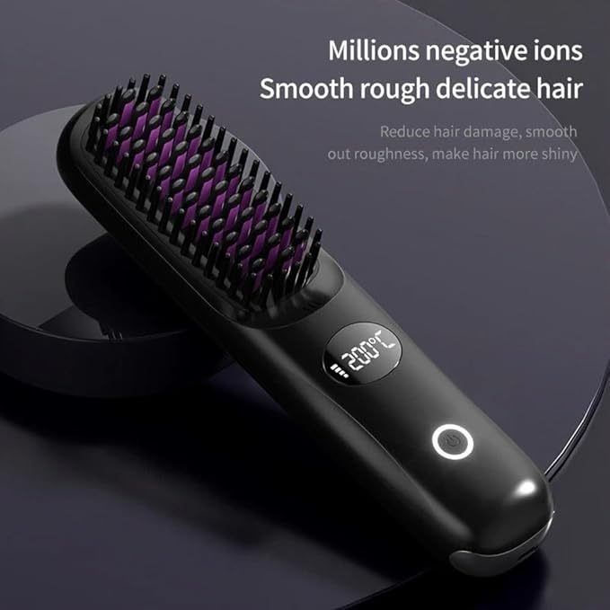 Cordless Hair Straightener Brush: Portable Rechargeable Heated Straightening Comb with LED Display & 3 Temperature Settings - Travel Hair Brush for Smooth Frizz-Free Styling (Black)