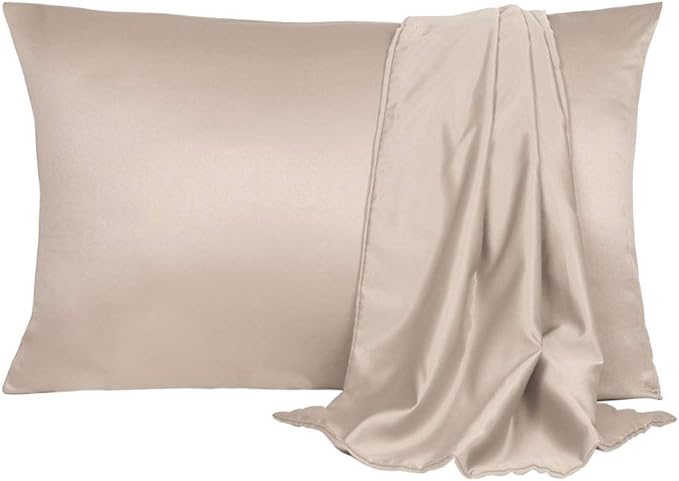 uxcell 2 Pack Silk Satin Pillowcase for Hair and Skin, Cool, Silky, Soft Breathable Pillow Cases Standard Size 20x26 Inch Sateen Pillowcase Light Tan with Envelope Closure