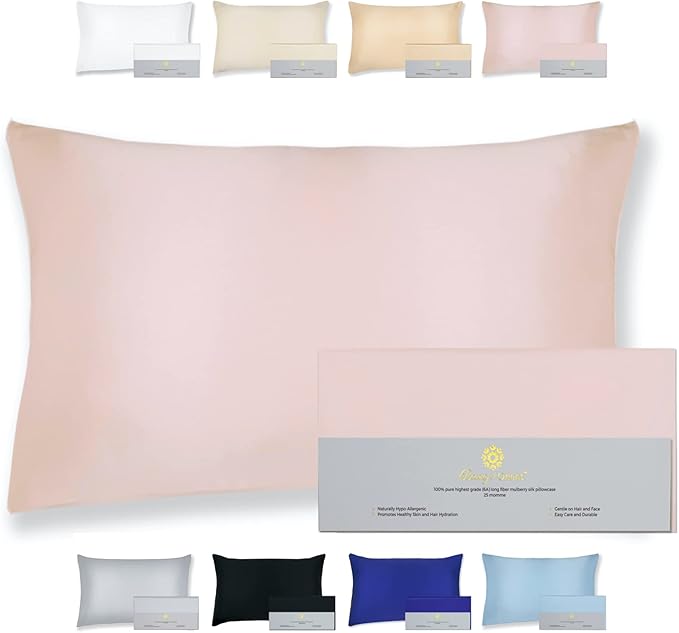 25 Momme Premium Mulberry Pink Silk Pillowcase for Hair and Skin | Handcrafted Hypoallergenic & Anti-Acne Silk Pillow Cases with Zipper | Queen - 20" x 30", Rose Water