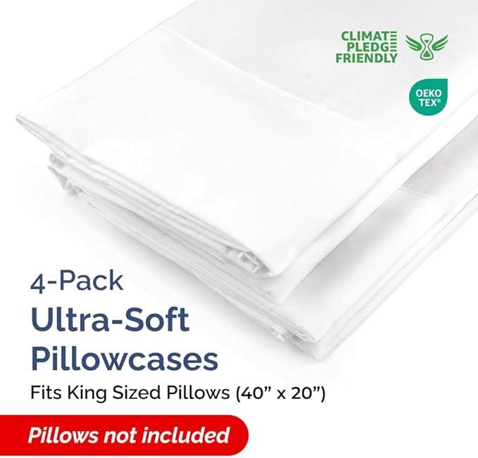 King Pillow Cases - 4 Pack - Super Soft Pillowcase Covers - Envelope Enclosure - Hotel Quality Pillow Protectors - Wrinkle Free, Fade, Shrink & Stain Resistant - Machine Washable - 20" x 40" (White)
