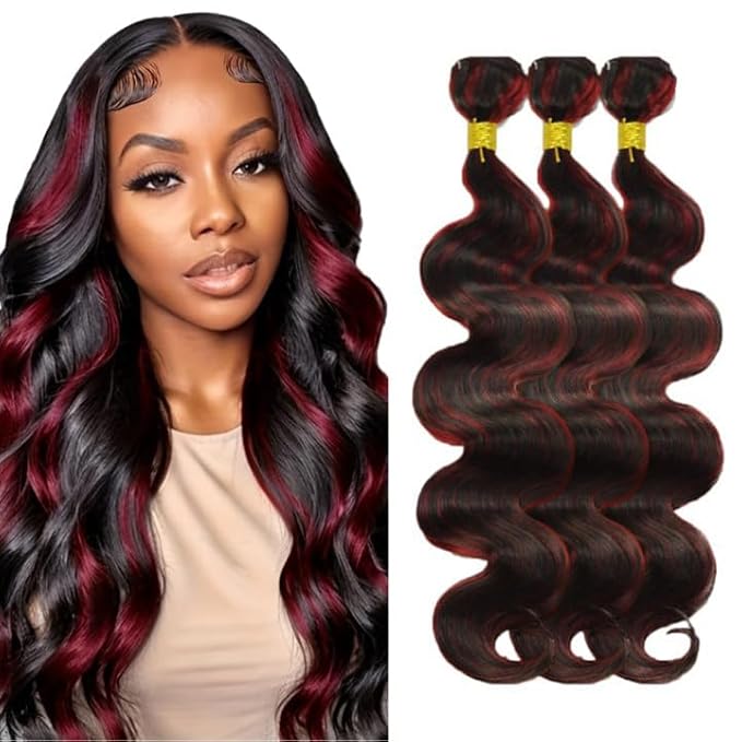 24 26 28 Inch Highlight Bundles Human Hair Red Body Wave Bundles Niegmeag 2 Tone Black and Burgundy Body Wave Bundle Brazilian Virgin Remy Hair Extensions