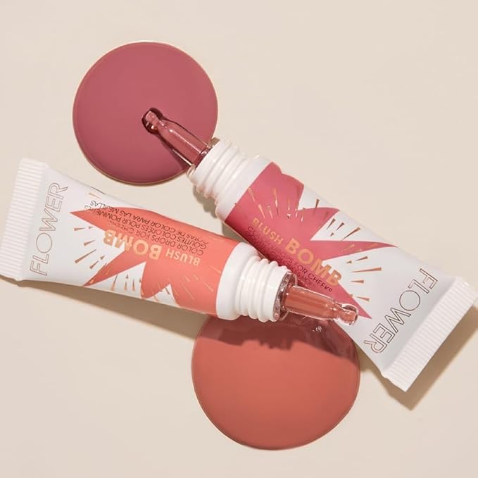 FLOWER Beauty By Drew Barrymore Liquid Blush Makeup Bomb Color Drops -Silky Lightweight Formula + Gel Cream Blush for Cheeks - Radiant + Glossy Finish - Buildable + Lightweight Formula - Cruelty-Free + Vegan (Pinched)