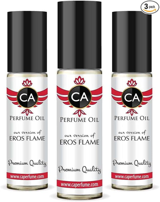 CA Perfume Impression of Eros Flame For Men Replica Fragrance Body Oil Dupes Alcohol-Free Essential Aromatherapy Sample Travel Size Concentrated Long Lasting Attar Roll-On 0.3 Fl Oz-X3