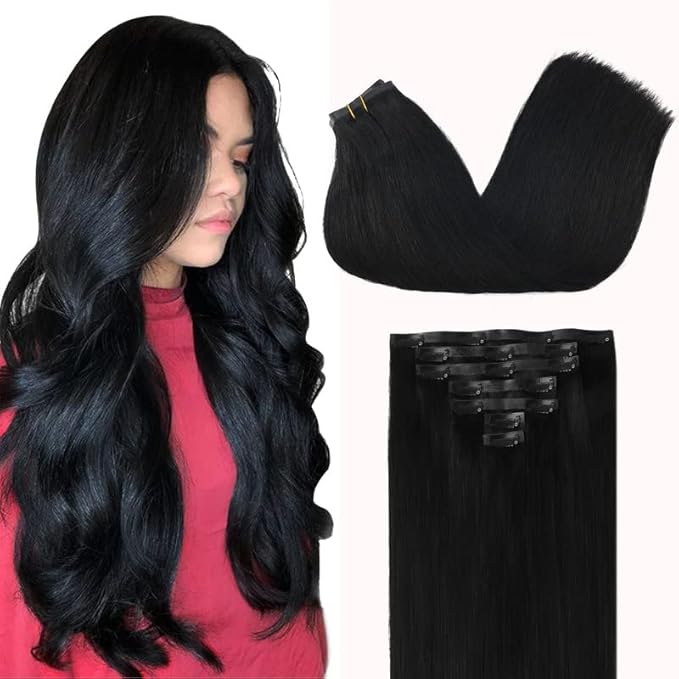 GOO GOO Clip in Hair Extensions Real Human Hair, Remy Human Hair Extensions Clip ins for Women, Natural Human Hair, 14inch 110g 7Pcs, 1 Jet black